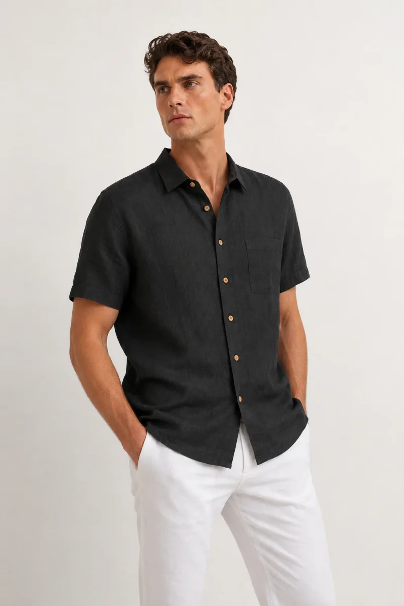 Camisas Para Hombre Manga Corta Albatros Tipo Lino Semi Recta B61561 Negro - Imagen 2