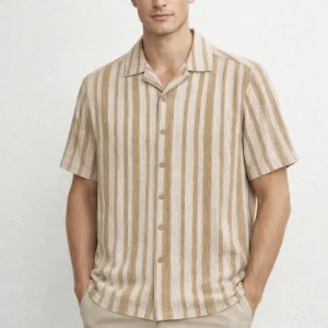 Camisa para Hombre Manga Corta Jacquard a Rayas Stretch B61456 Kaki